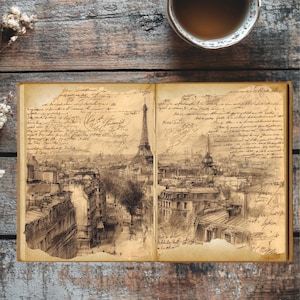 Vintage Paris Junk Journal Pages | Eiffel Tower Sketches & French Ephemera | Printable 8.5x11 PNGs for Scrapbooking and Journaling