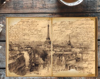 Vintage Paris Junk Journal Pages | Eiffel Tower Sketches & French Ephemera | Printable 8.5x11 PNGs for Scrapbooking and Journaling