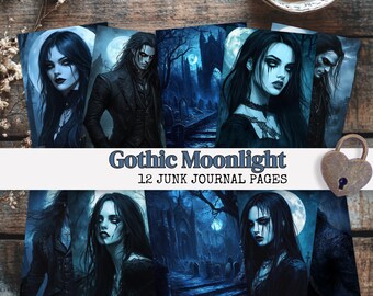 Junk Journal Digital Product: Gothic Vampire Halloween Printable Ephemera, Dark Blue Midnight Papers for Crafting, Scrapbooking,