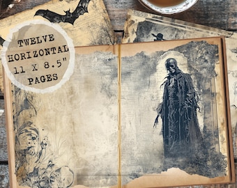 May include: Open book with twelve horizontal 11 x 8.5 inch pages. The pages have a vintage, aged look with illustrations of bats and a skeletal figure. The book is open on a wooden surface, with a cup of tea in the background.