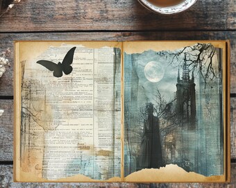 Moonlit Gothic Junk Journal Pages - Vintage Dark Academia, Printable Ephemera (10 Pages + 3 Bonus)