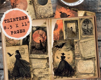 Junk Journal Digital Products – Gothic Witches, Halloween Ephemera, Witchcraft Printable, Blood Moon Art, Vintage Grimoire, Spooky Collage