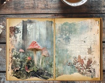 May include: An open vintage book with a watercolor illustration of red and white mushrooms in a forest setting. The right page has a faded newspaper print background.
