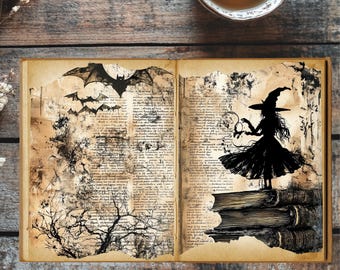 Witch Spellbook Junk Journal Pages | Vintage Halloween Witch Ephemera | 12 Printable PNG Pages for Journaling, Scrapbooking & Crafts