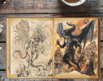 Mythical Dragon Realms Vintage Junk Journal Kit, Dark Fantasy Printable, 10 Pages + 3 Bonus, 8.5x11” High-Res PNG, Digital Download