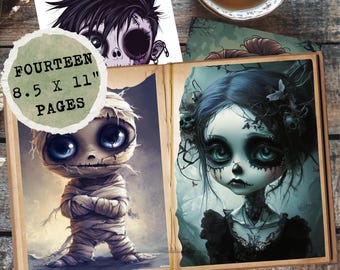 Junk Journal Kit Spooky | Cute Gothic Halloween Theme | Vampire, Zombie, Mummy, Werewolf Ephemera | Printable Horror Journal Scrapbooking