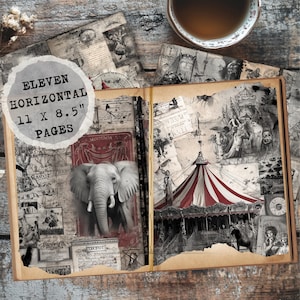 May include: Open journal with vintage-style illustrations, including an elephant and a carousel. The pages are 11 x 8.5 inches, with the text "ELEVEN HORIZONTAL PAGES" in a circular label. The journal is open on a wooden surface, with a cup of tea in the background.