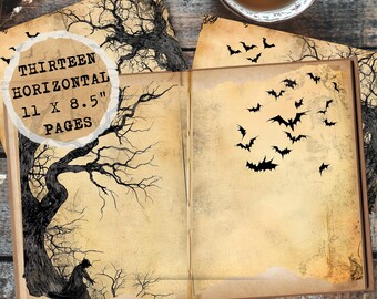Junk Journal Digital Product | Gothic Halloween Scrapbook Pages, Printable Bat Forest Ephemera, Dark Theme Witchcraft Kit