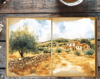 Vintage Junk Journal Pages – Iberian Farmhouse Countryside Printable Paper Pack, Rustic Mediterranean Theme, 10 Pages