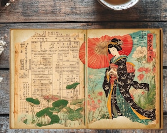 Puede incluir: Un libro abierto con una ilustración vintage de una mujer con un kimono sosteniendo una sombrilla roja. La mujer está de pie en un jardín con flores y hojas. El libro tiene un calendario en la página izquierda y la ilustración en la página derecha. El texto del libro dice "有栖川丈女".