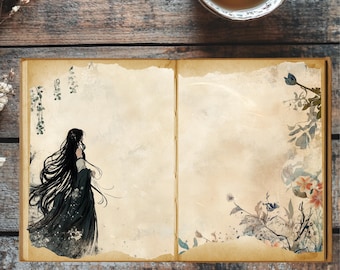 Puede incluir: Un libro abierto con una estética vintage. La página izquierda presenta una ilustración en blanco y negro de una mujer con el pelo largo, que lleva un vestido fluido. La página derecha tiene un diseño floral con flores azules, verdes y naranjas.
