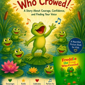 May include: A children's book cover titled "Freddy the Frog Who Crowed!" features a vibrant illustration of a green frog singing on a lily pad, surrounded by other smiling frogs. The book cover also includes text about courage, confidence, and finding your voice.
