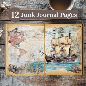 Schatzkarte Junk Journal Seiten | Vintage Piratenschiff Ephemera | Nautische Ozean druckbare Papier Kit | Alte Weltkarte Collage Bogen