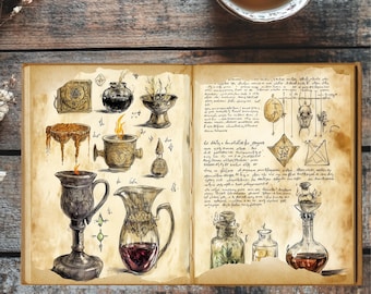 Alchemical Magic Grimoire Junk Journal Pages | Vintage Printable Spellbook Kit | Witchcraft Ephemera PNG Files 8.5x11