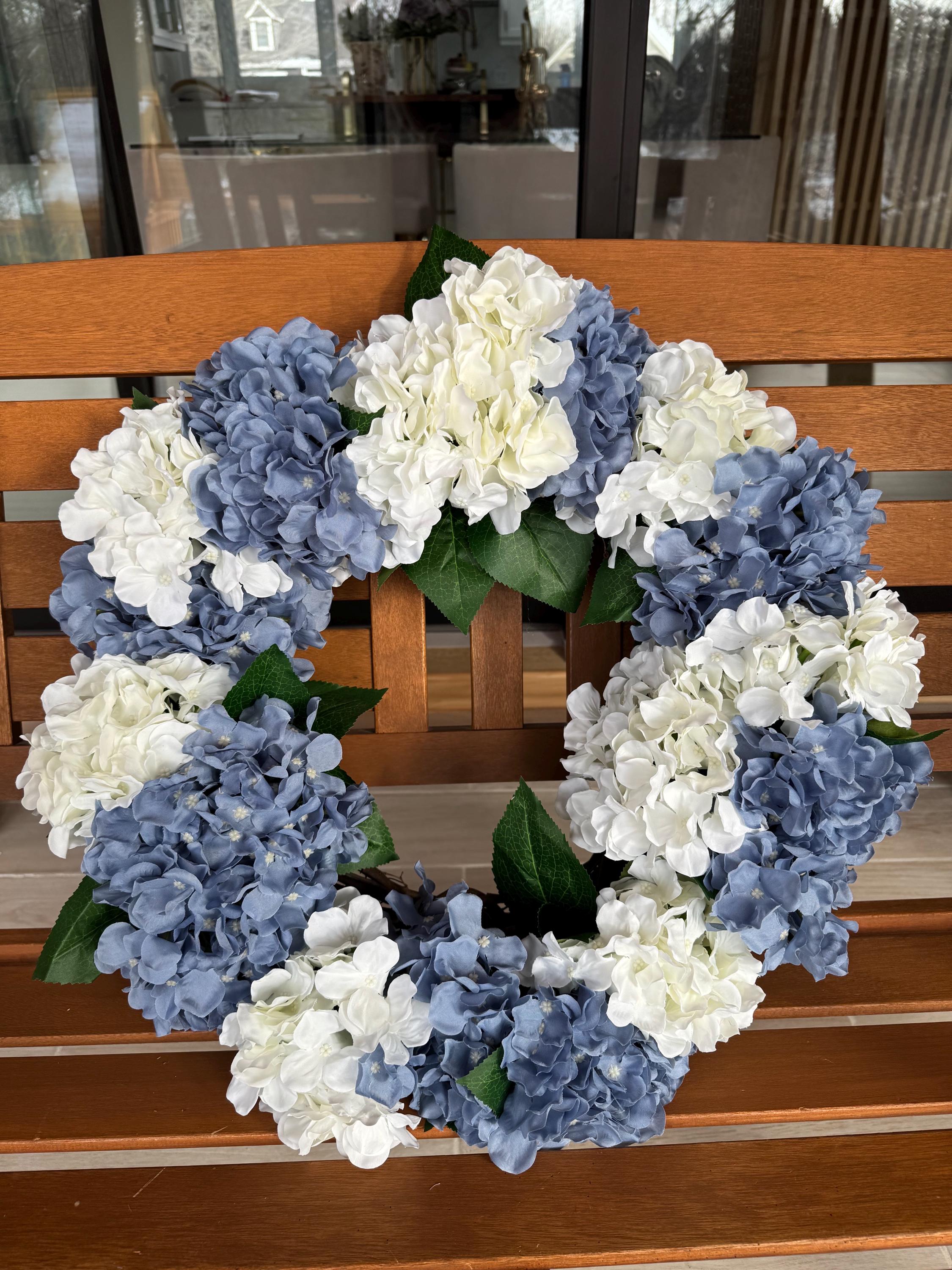 24” Blue and White Hydrangea Wreath – Front Door Decor, Spring Summer Artificial Floral Wreath