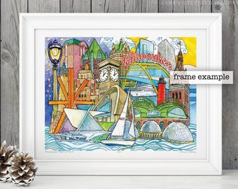 Milwaukee Wisconsin City Landmarks Mash-Up No. 4 Watercolor Art Print by James Steeno