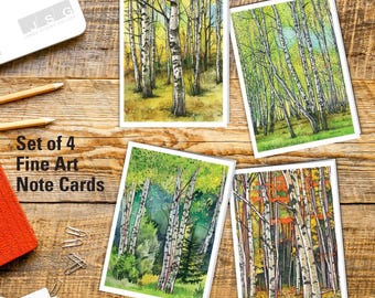 Birch Grove Watercolor Fine Art Note Card Set of 4 by James Steeno Birch Tree Greeting Cards Thank You Blank Inside All Occassion Cards