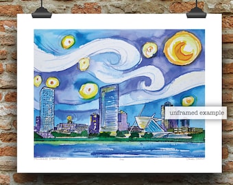 Milwaukee Starry Night, Ink and Watercolor Art Print by James Steeno (Milwaukee, Wisconsin) Milwaukee Skyline Van Gogh Style