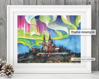 Holy Hill Aurora Borealis Basilica Hubertus Wisconsin Watercolor Art Print by James Steeno (Washington County, Village of Richfield)
