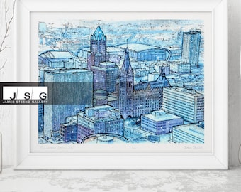 May include: A blue and white watercolor illustration of the Milwaukee skyline, featuring the city's iconic buildings, including the City Hall and the US Bank building. The illustration is framed in a white frame.