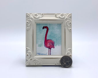 Pink Flamingo Framed Miniature Watercolor Art Print by James Steeno Mini Art, Small Art, Tiny Art, Bird Art