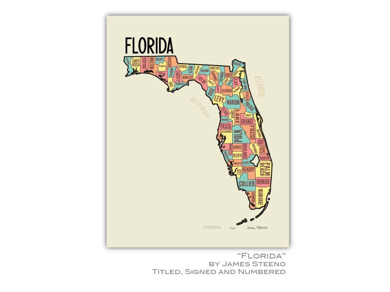 Florida State Typography County Map Art Print by James Steeno (FL ...