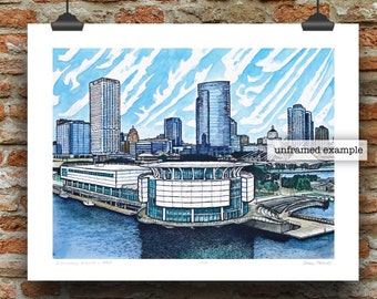 May include: A watercolor painting of the Milwaukee skyline, featuring the Discovery World museum and the city's iconic buildings. The painting is done in shades of blue, green, and white, with a light blue sky and white clouds.