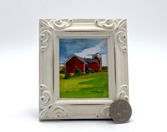 Red Barn with Silo Framed Miniature Watercolor Art Print by James Steeno Mini Art, Small Art, Tiny Art, Farm Art