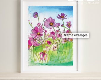 Cosmos Pen/Ink & Watercolor Art Print by James Steeno (Cottage Garden Flowers)