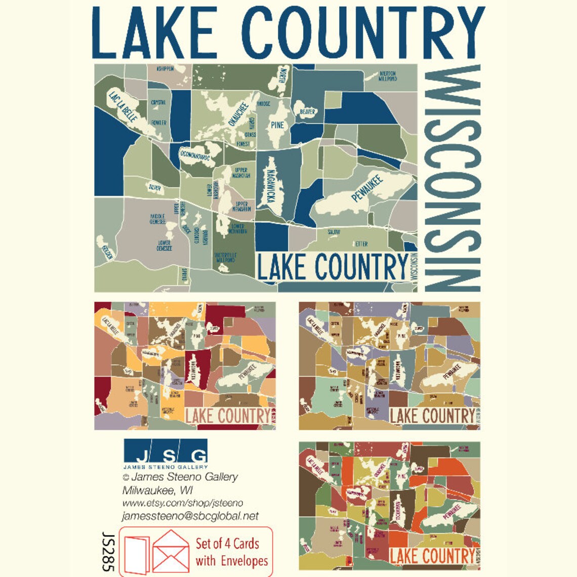 Lake Country Wisconsin Waukesha County Art Map Note Card Set | Etsy