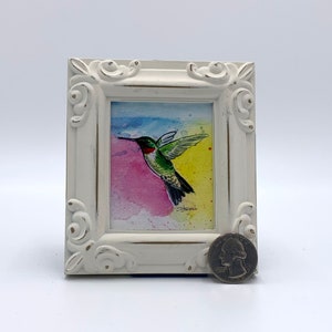 Ruby Throated Hummingbird ingelijste miniatuur aquarel Art Print door James Steeno Mini Art, kleine kunst, kleine kunst, vogelkunst
