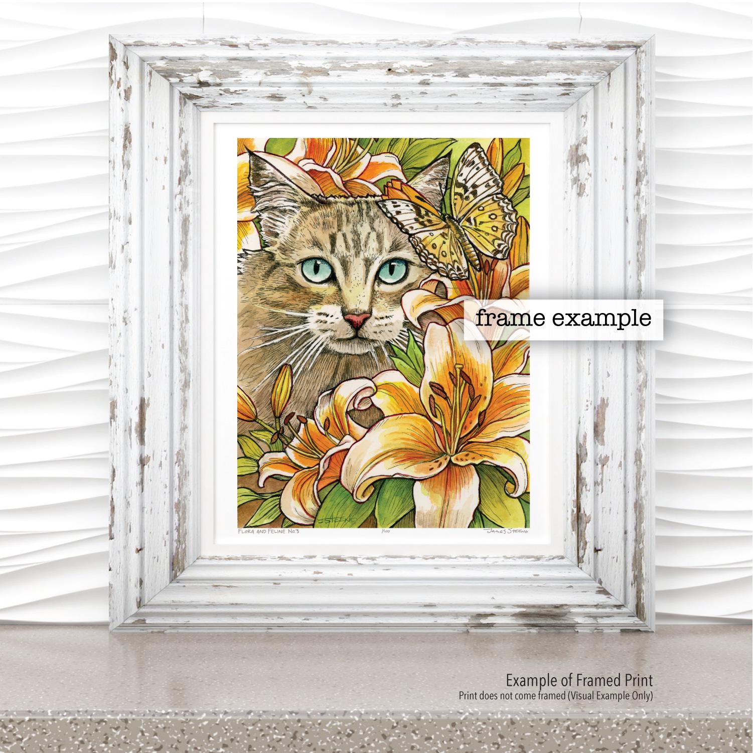 Flora and Feline No. 3 Pen/Ink & Watercolor Art Print by James Steeno (Cat art, Tabby Cat, Cat Painting, Floral Art)