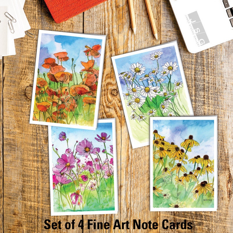 Watercolor Notecards, 4 Blank Notecards With Nature Scenes, 4-1/2