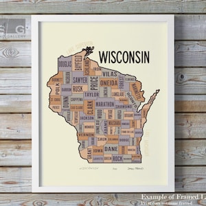 Impression artistique de la carte du comté de typographie de l'État du Wisconsin par James Steeno (WI, Badger State, carte du Wisconsin)