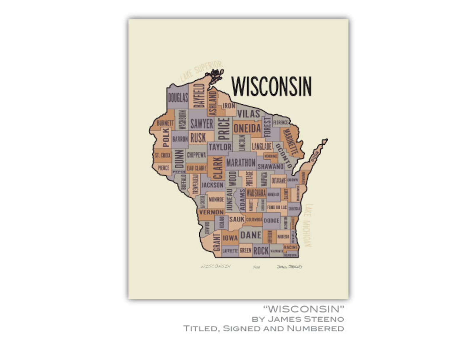 Wisconsin State Typography County Map Art Print by James Steeno (WI ...