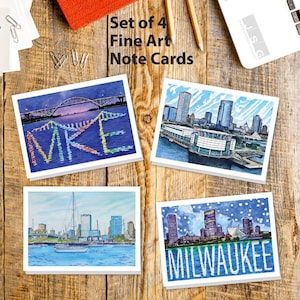 Juego de 4 tarjetas de felicitación con acuarela de paisajes urbanos de Milwaukee, Wisconsin, de James Steeno. Tarjetas de agradecimiento en blanco en el interior para todas las ocasiones