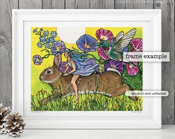 Rabbit Fairy Garden No. 1 Pen, Ink and Watercolor Art Print by James Steeno (Fantasy, Celestial, Flower)