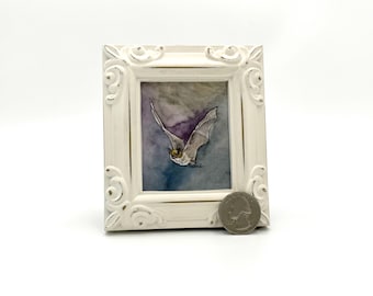 Vleermuis ingelijste miniatuur aquarel Art Print door James Steeno Minikunst, kleine kunst, kleine kunst, dierlijke kunst, miniatuurkunst, dierlijke kunst, Halloween