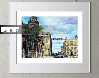 May include: A watercolor painting of a city street scene with a red "Pabst" sign hanging above the street. The buildings are brick and have a vintage look. There are cars parked on the street and trees in the foreground.