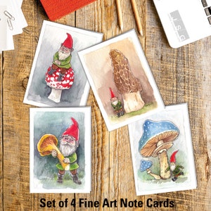 Juego de 4 tarjetas de notas de acuarela de gnomos y hongos de James Steeno, tarjetas de felicitación de bellas artes, agradecimiento, interior en blanco, tarjetas para toda ocasión.