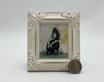 Skunk Framed Miniature  Watercolor Art Print by James Steeno Mini Art, Small Art, Tiny Art, Animal Art, Miniature Art, Skunk Art