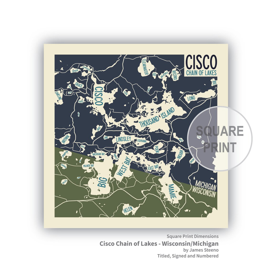 Cisco Chain of Lakes Wisconsin Michigan Art Map Print by Etsy