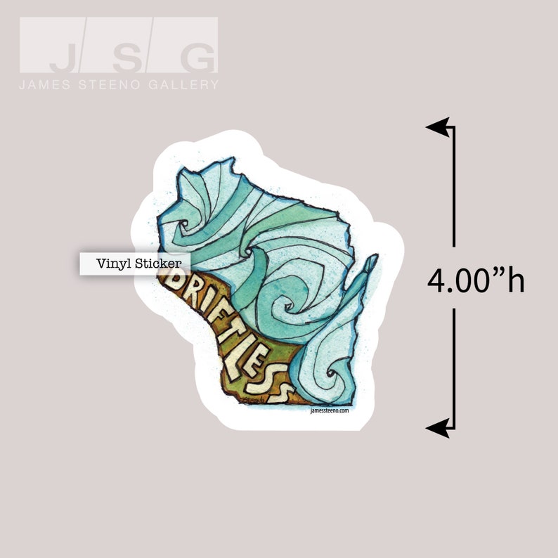 May include: A vinyl sticker featuring a blue and green watercolor illustration of the state of Wisconsin with the word "Driftless" written in a stylized font. The sticker is 4 inches tall.