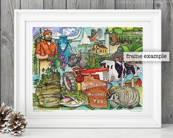 Monumenten van Wisconsin Mash Up No. 1 aquarelkunstdruk door James Steeno (Wisconsin Collage)