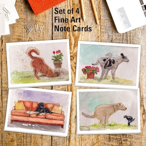 Naughty Dogs Watercolor Note Card Set of 4 by James Steeno Greeting Cards Thank You Blank Inside All Occassion Cards Canine Dog Puppy