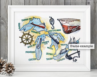 May include: A watercolor illustration of the Great Lakes with ships and cities labeled. The illustration is framed in a white frame. The cities labeled include Duluth, Thunder Bay, Sault Ste. Marie, Marquette, Green Bay, Milwaukee, Chicago, Traverse City, Bay City, Detroit, Toledo, Cleveland, Buffalo, and Toronto.
