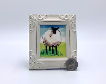 Sheep Framed Miniature  Watercolor Art Print by James Steeno Mini Art, Small Art, Tiny Art, Farm Art