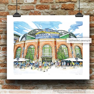 May include: A watercolor painting of American Family Field, home of the Milwaukee Brewers. The stadium is depicted in a realistic style with a crowd of people in front of the entrance. The text "American Family Field" is visible on the building.