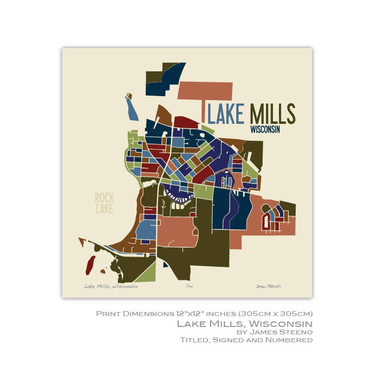 Lake Mills Wisconsin Art Map Print Jefferson County by Etsy
