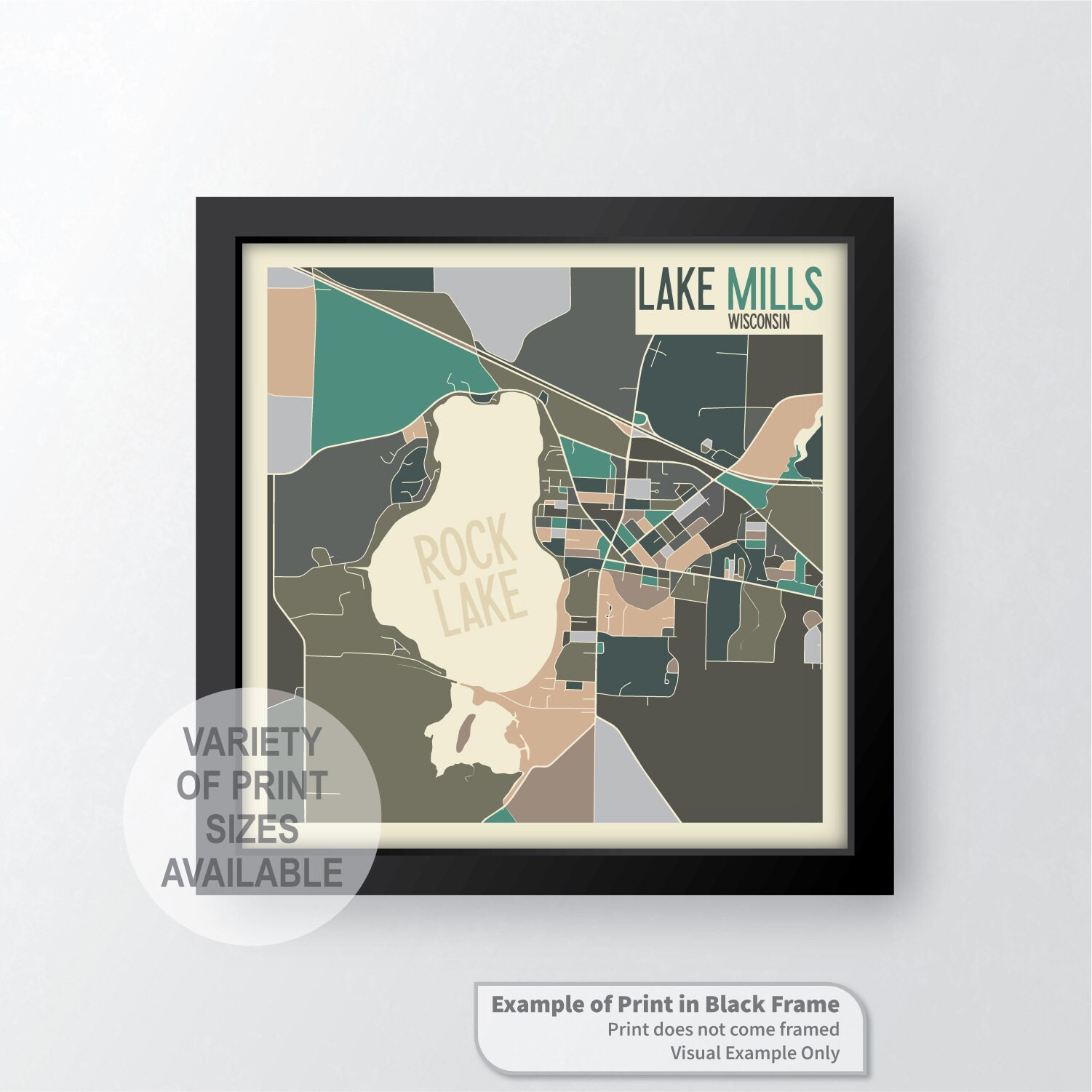 Lake Mills Wi Map Lake Mills Wisconsin Art Map Print Jefferson County Rock | Etsy
